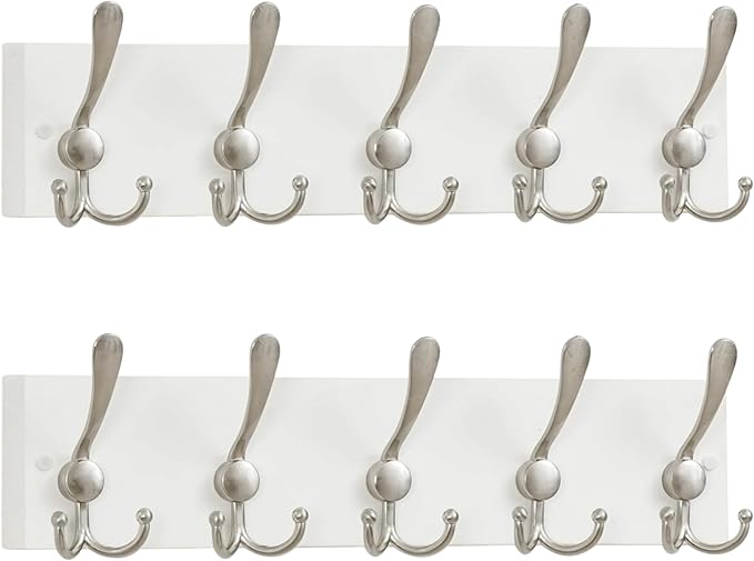 SKOLOO Creations White Solid Wood Wall Mounted Coat Rack, 5 Hooks, 17" Long - Kitchen, Mudroom, Entryway, Bathroom - Includes Mounting Hardware, Wall Coat Hanger, Towel Rack, Pack of 2
