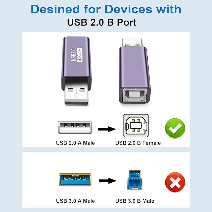 GELRHONR USB to USB B Adapter,USB 2.0 A Male to USB B Printer Female Conncet Extender, MIDI Type A to B Converter for Laptop/Computer/Hard Drive/Printer/Scanner Extender Connection -2 Packs-2 Packs