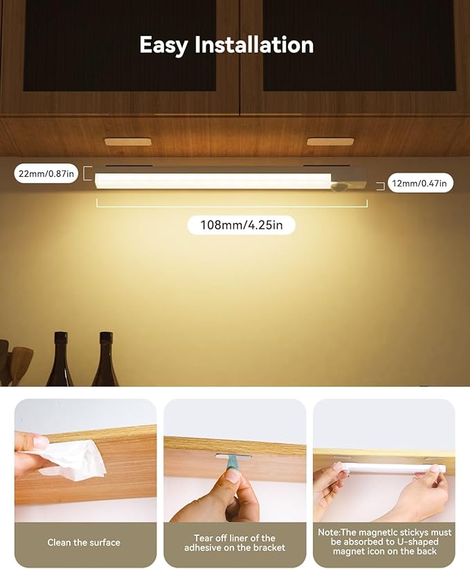 Under Cabinet Lighting 4 Inches Rechargeable Motion Sensor Light Indoor, 3 Color Dimmable Closet Light Battery Operated, USB Stick on LED Magnetic Under Counter Lights for Kitchen Stair, 6 Packs