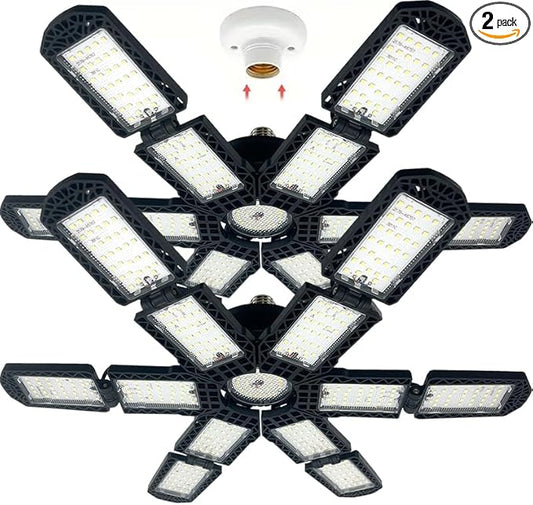 2 Packs LED Garage Light,Super Bright Screw in E26/E27 Ceiling Shop Work Lamp, 280W 30000 Lumen Deformable Basement Bulb Fixture with 12+1 Adjustable Panels, Lighting for Workshop, Attic