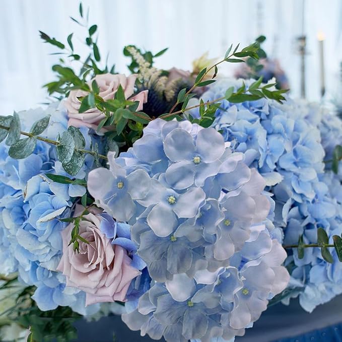 WEISPARK 100PCS Artificial Hydrangea Flowers, Fake Flowers Silk Hydrangea Full Flowers Heads with Stems for Wedding Home Party Shop Baby Shower Decor (Blue)