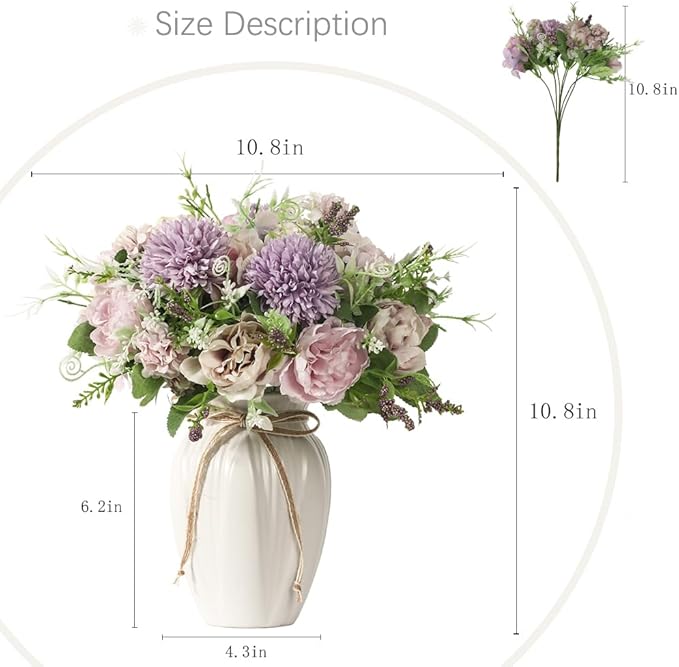 Peonies Artificial Flowers in Vase, Fake Hydrangea Silk Peony Flower Bouquet with Vase Faux Flowers Arrangement Decor Home Table Dining Room (Purple)