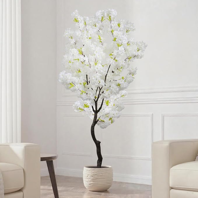 White Faux Cherry Blossoms Tree Artificial Cherry Blossom Tree Bedroom Trees for Home Decor 6FT