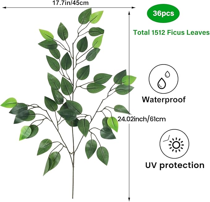 GTIDEA 36PCS Artificial Ficus Leaves Branches Faux Ficus Tree Branches Artificial Greenery Stems Silk Floral Arrangement for Benjamina Tree DIY Wedding Bouquet Summer Wreath Wall Decor (24.04 Inch)