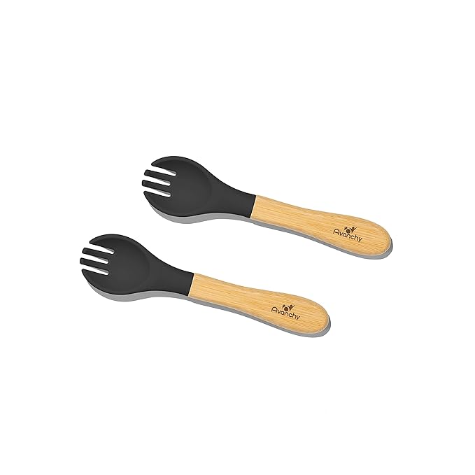 Avanchy Baby Fork Set, Bamboo and Silicone Spork Utensils, Toddler Baby Led Weaning Silverware Cutlery Flatware, Kids First Self Feeding