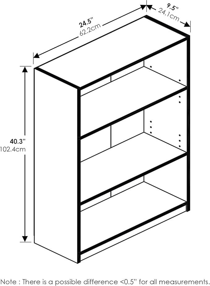 Furinno JAYA Book Shelf, 3-Tier Bookshelf, Bookcase with Adjustable Shelves, 9.5 x 24.5 x 40.3, for Living Room, Bedroom, Home Office, French Oak