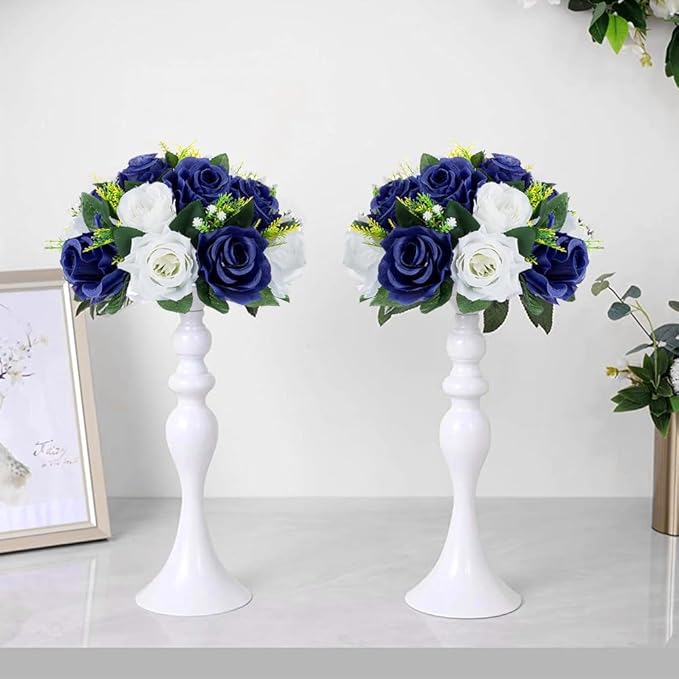 10Pcs Fake Flower Ball Arrangement Bouquet, 9.5" 15 Heads Plastic Roses with Base,Suitable for Parties Valentine's Day Wedding Centerpiece Flower Rack and Home Décor (Navy Blue & White)