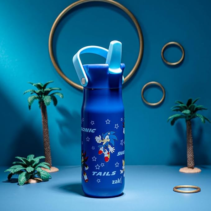 Zak Designs Harmony Sonic the Hedgehog Water Bottle for Travel or Home, 20oz Recycled Stainless Steel is Leak-Proof When Closed and Vacuum Insulated with Straw Lid and Carry Handle (Sonic & Friends)