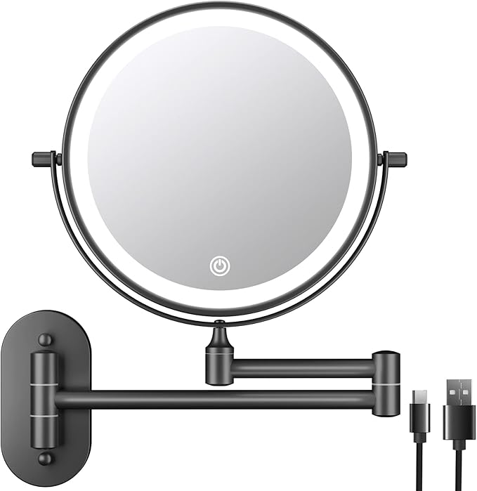 FASCINATE Rechargeable Wall Mounted Lighted Vanity Mirror 8 Inch 1X/10X Magnifying Makeup Mirror with 3 Color Lights, Double Sided Dimmable, 360 Degree Screen Touch,Bathroom Shaving Mirror (Black)