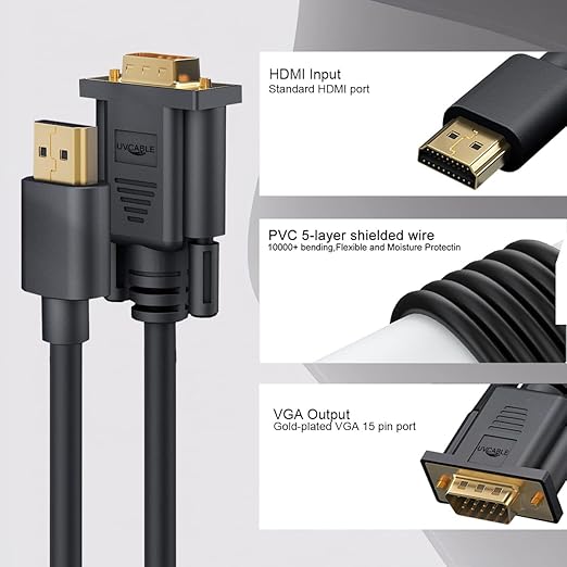 HDMI to VGA Cable 3 FT, 10-Pack Gold-Plated Computer HDMI to VGA Monitor Cable Adapter Male to MaleCord for Computer, Desktop, Laptop, PC, Monitor, Projector, HDTV, and More (NOT Bidirectional)