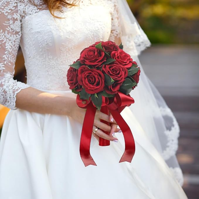Wedding Bouquet Bride Flower Bridal Bouquets, Ribbon Artificial Rose Wedding Bouquets for Bride Bridesmaid Bouquet Dark Red Rose Bouquet Bride Bridesmaid Holding Flower for Wedding Decor