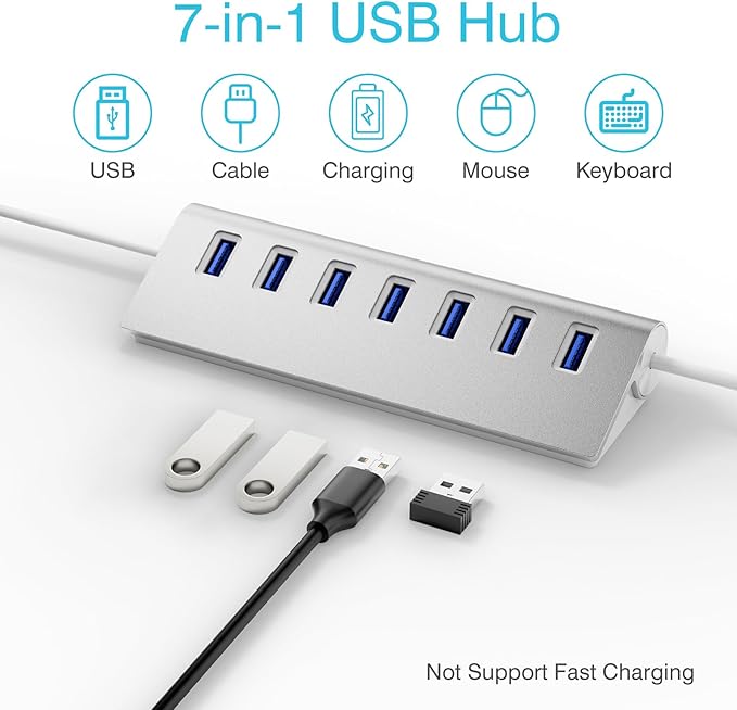 USB 3.0 Hub, USB Hub Powered with 5V/4A 20W Power Adapter and 4.9Ft Cable, Hub for PC Laptop