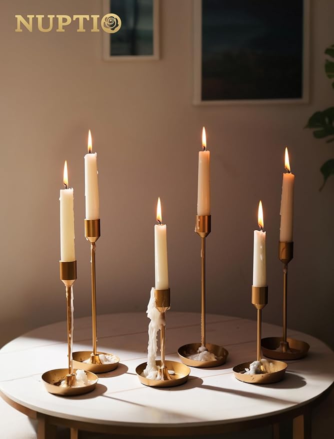 NUPTIO Taper Candle Holders for Centerpiece: 3 Pcs Matte Gold Candlestick Holder for Wedding - Brass Tall Candle Stick Holder for Christmas Party Dinner Table Fireplace Decor