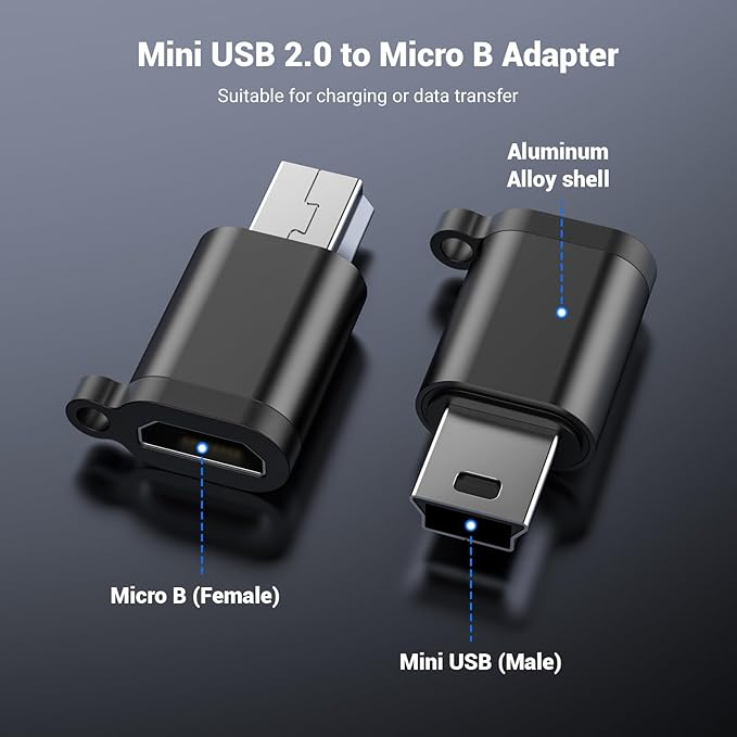 Mini USB Male to Micro USB Female Adapter, Mini USB2.0 Male Convert Connector Support Charging &Data Transfer Compatible for Digital Camera/MP3 Player/Mobile Hard Drive/Dash Cam(5 Pack)