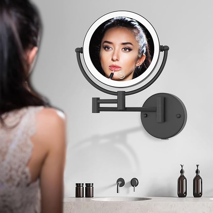 Wall Mounted Makeup Mirror with 3 Color Lights Stepless Dimming, 8" 1X/10X Magnifying LED Two Sided Touch Sensor Extendable Arm 360 Swivel Shaving Light Up Mirror Hardwired for Bathroom, Matte Black