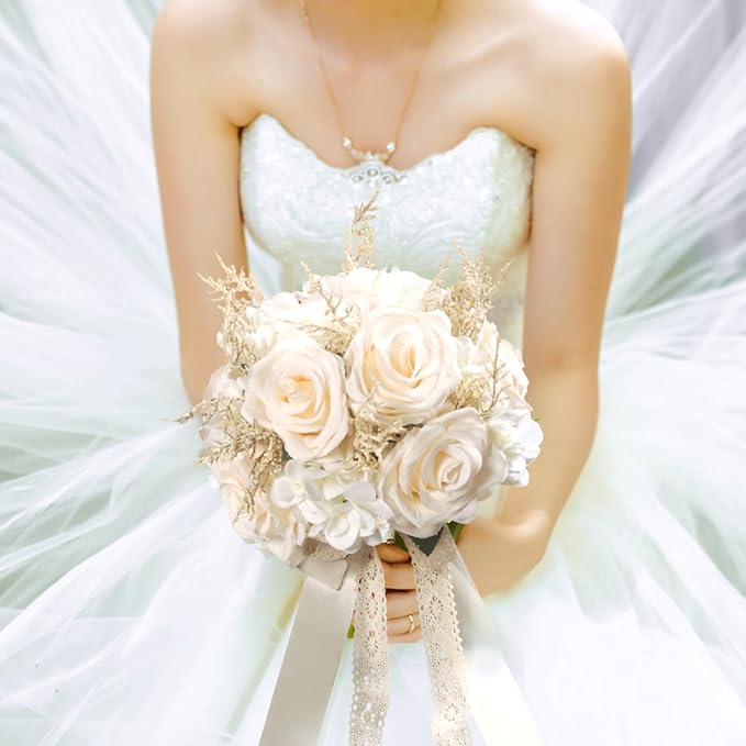 Wedding Bouquets for Bride, Champagne White Bridal Bridesmaid Wedding Flowers, Artificial Toss Rose for Civil Ceremony (Hollow Lace Ribbon Handle)