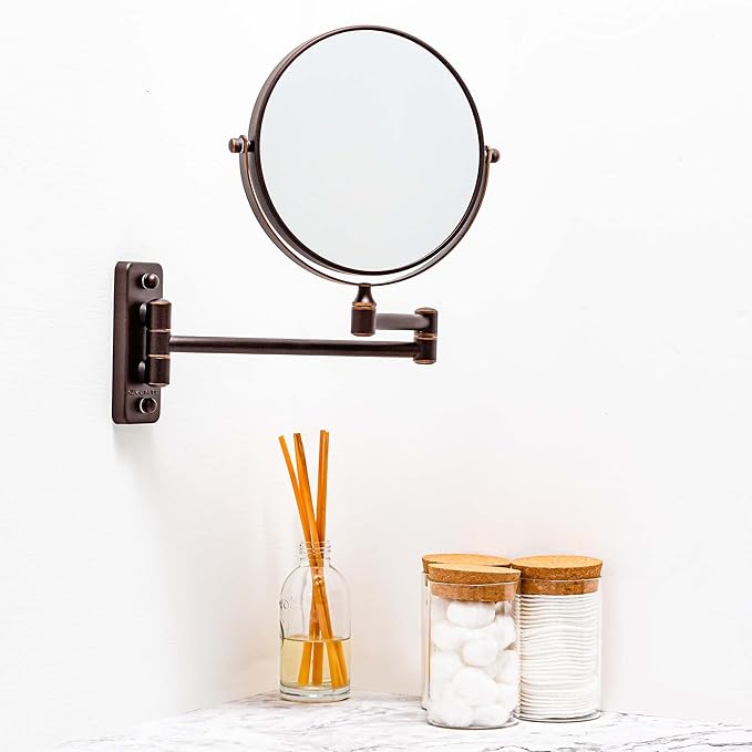 OVENTE 7" Wall Mounted Makeup Mirror with 1X/7X Magnification, Double Sided Magnifying Round Bathroom Vanity Mirror, 360° Swivel Design, Extendable and Folding Arm, Antique Bronze MNLFW70ABZ1X7X