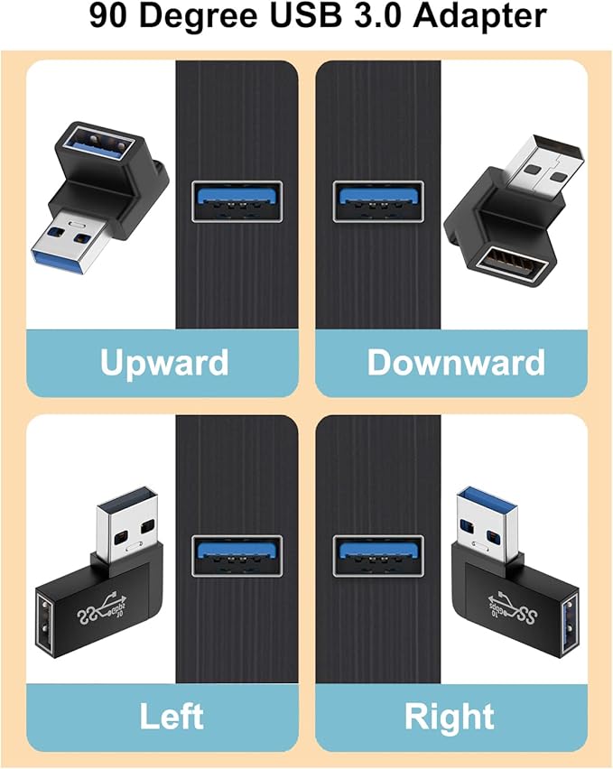 90 Degree USB 3.0 Adapter (4 Pack), Vertical Up and Down Angle, Horizontal Left and Right Angle USB Male to Female Extender Connector