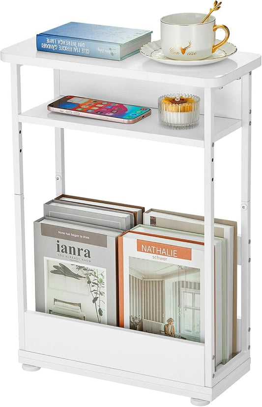 Narrow Side Table,3-Tier Slim End Table with Storage Shelf,Modern Sofa Table Thin Side Table for Narrow and Small Spaces, Skinny Bedside Table Small Nightstand with Magazine Rack Space Saving/White