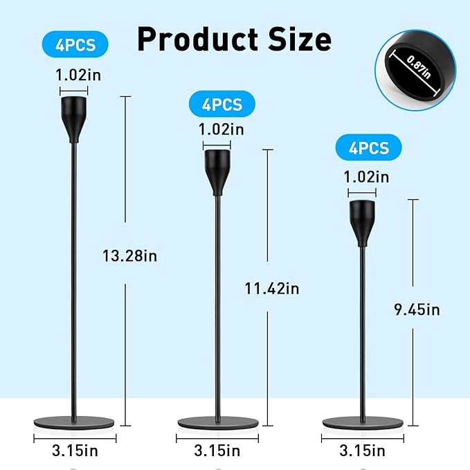 Black Candlestick Holder Set of 12 for Taper Candles, Decorative Candle Holders Bulk Candle Stick Holders Taper Candle Holders for Table Centerpiece Wedding Dinning Party Anniversary Home Decor