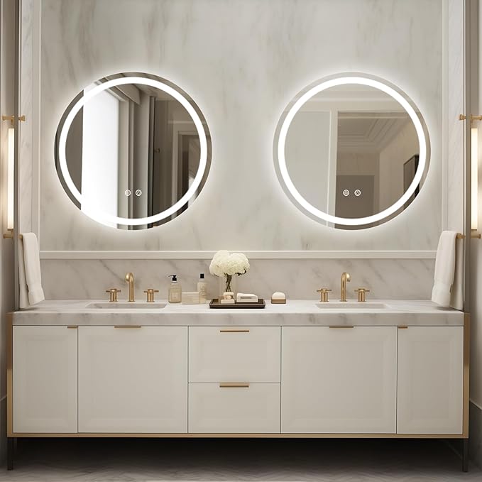 WallBeyond LED Bathroom Mirror with Lights, 28'' Round Light Up Bathroom Mirror for Wall with Front and Backlit, Anti Fog Led Mirror for Bathroom, 3 Colors and Dimmable Light