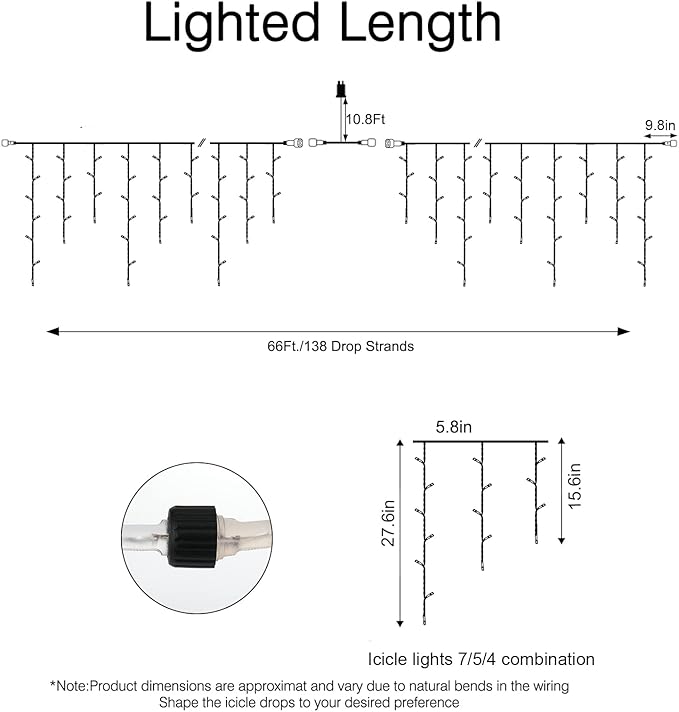 Brightown Christmas Icicle Lights Outdoor, 66 Feet 138 Drops with 736 LED, 8 Modes Waterproof Connectable Twinkle Fairy String Light for Christmas Thanksgiving Hanging Icicles (Pure White)