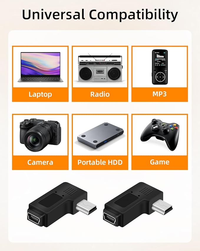 RIIEYOCA Mini USB 5 PIN Adapter,90 Degree Left and Left Angled Mini USB Male to Female Connector,Supports Charging and Data Transfer for Mobile Phones,Cameras,Laptops etc.(2Pack)
