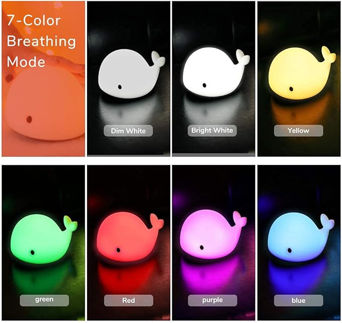 Cute Whale Night Light for Kids,Kawaii Baby Night Light with 7 LED Colors Changing,Tap Control Nursery Squishy Night Lamp,USB Rechargeable,Birthday Gifts for Baby,Girls,Boys,Toddler,Children