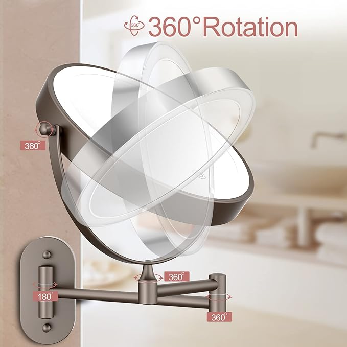 FASCINATE Rechargeable Wall Mounted Lighted Vanity Mirror 8 Inch 1X/10X Magnifying Makeup Mirror with 3 Color Lights, Double Sided Dimmable, 360 Degree Screen Touch,Bathroom Shaving Mirror (GunBlack)