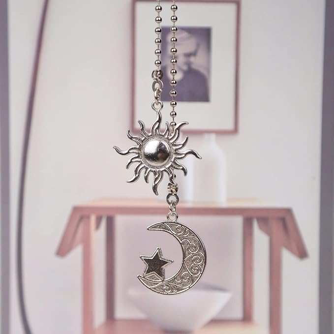 Silver Ceiling Fan Pull Chain, 12 Inches Totem Bohemia Pendant Extension Decorative, 3mm Beaded Ball Chain Extender Ornament with Connector Moon and Sun (2Pack)