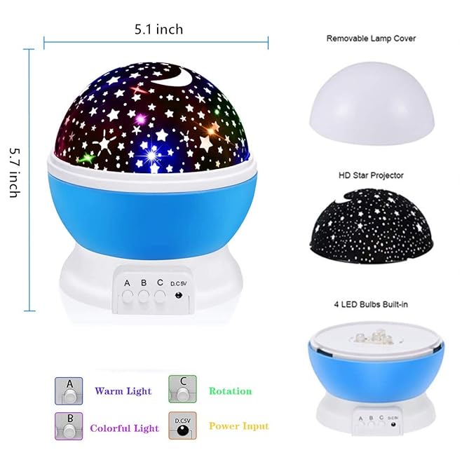 Borelor Star Night Light for Kids, 12 Color Changing Lights Modes with USB Cable, 360°Rotating Moon Star Projector Desk Lamp for Bedroom Party Decor & Girls Birthday Gift（Blue）