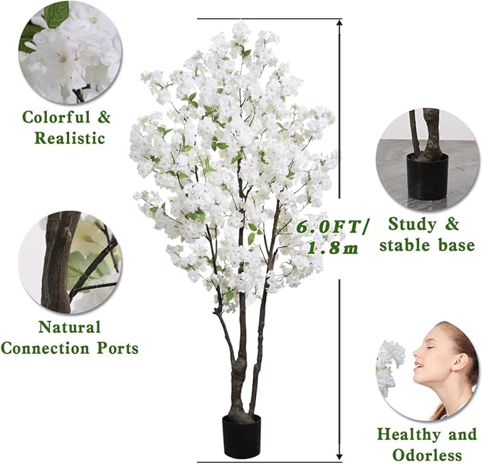 Large Artificial Cherry Blossoms Tree Indoor Faux Cherry Blossom Tree White 6FT Bedroom Trees for Home Decor