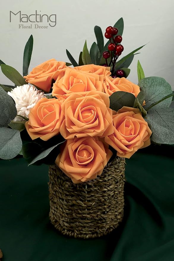 MACTING 60PCS Artificial Flower Roses Real Touch Fake Flowers with Stem Orange Foam Rose for DIY Wedding Bouquet Table Centerpieces Crafts Party Holiday Home Decorations