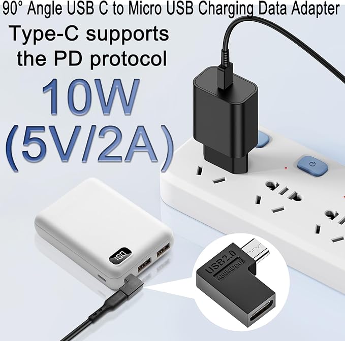QIANRENON 90 Angle USB C to Micro USB Adapter - 10W (5V2A) 480Mbps, Left Angle Connector Plug, for Phone, Camera, MP3, MP4 - 2Pcs (Left Bend)