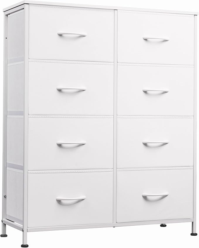 WLIVE Fabric Dresser for Bedroom, Tall Dresser with 8 Drawers, Storage Tower with Fabric Bins, Double Dressers, Chest of Drawers for Closet, Playroom, Dormitory, White