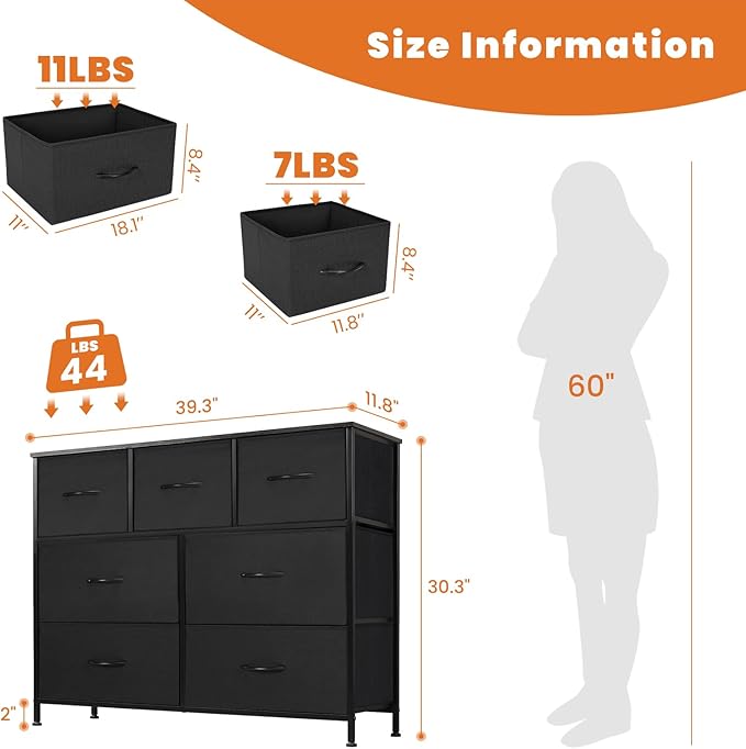 Sweetcrispy Dresser for Bedroom TV Stand Fabric Dresser with 7 Drawers, Dresser Chest of Drawers Organizer Wood Tabletop, Dresser for Closet, Living Room, Entryway, Black