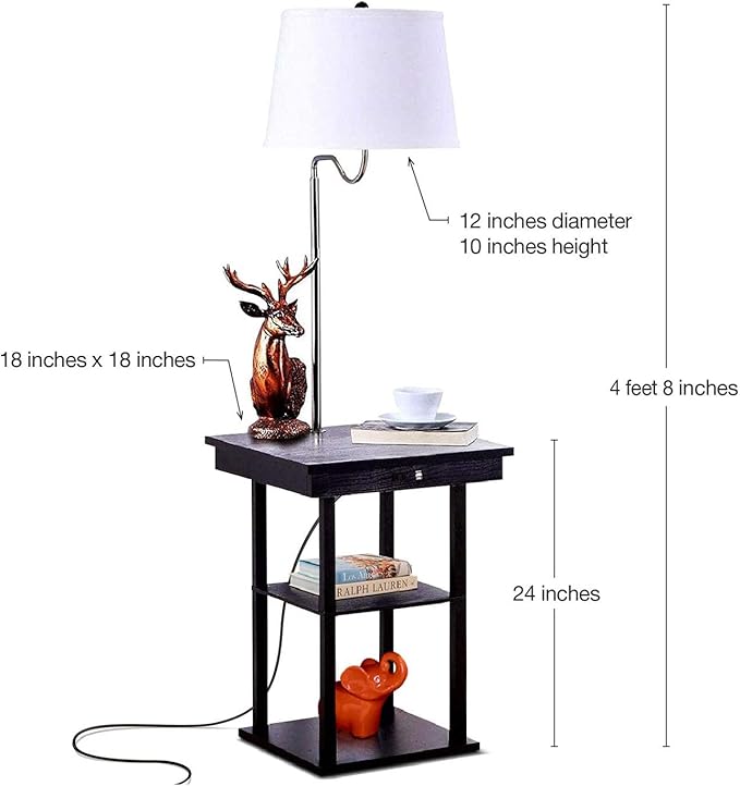 Brightech Madison Side Table with Lamp Combo with LED Bulb, Desk Lamp with USB Port, Bedside Reading Lamp, Modern End Table with Floor Lamp for Bedroom, Living Room, Office - Black with White Shade