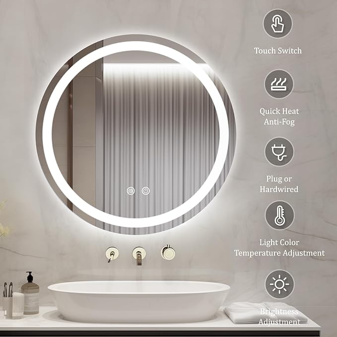 WallBeyond LED Bathroom Mirror with Lights, 24'' Round Light Up Bathroom Mirror for Wall with Front and Backlit, Anti Fog Led Mirror for Bathroom, 3 Colors and Dimmable Light