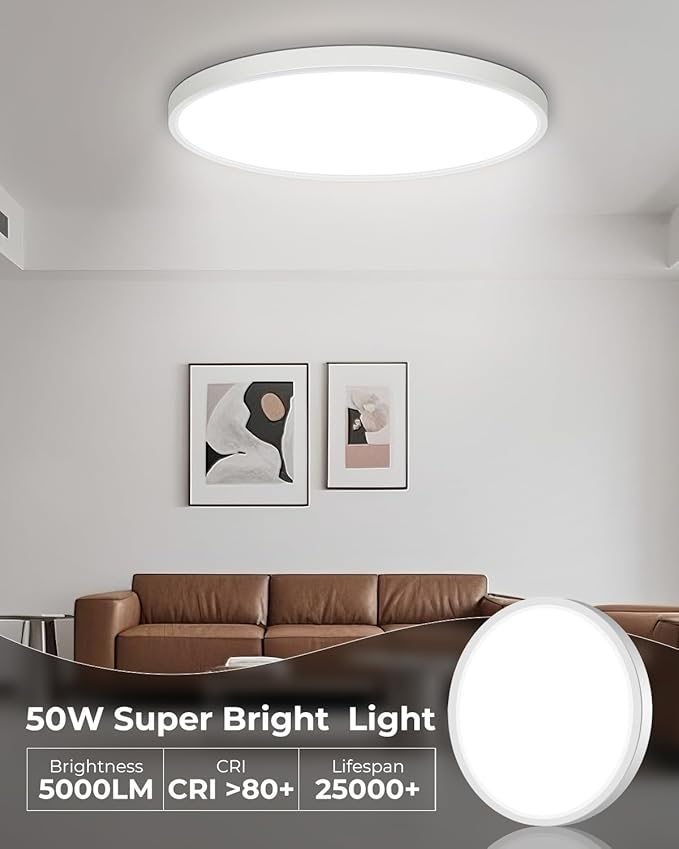 hepside 23INCH Big Dimmable Flush Mount Ceiling Light Fixture White, 3CCT Selectable 3000/4000/6500K Ceiling Lamp, 50W 5000LM Super Bright Low Profile Light for Bedroom, Kitchen, Bathroom, Hallway