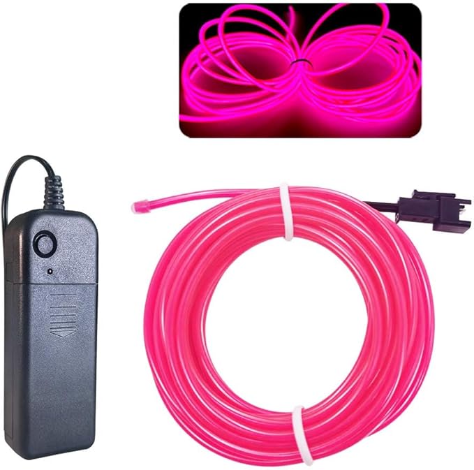 MaxLax EL Wire Pink, 2M Portable Battery Pack Neon Light Strip 360° Cuttable Glowing Rope Lights for Parties, Halloween, DIY Decoration