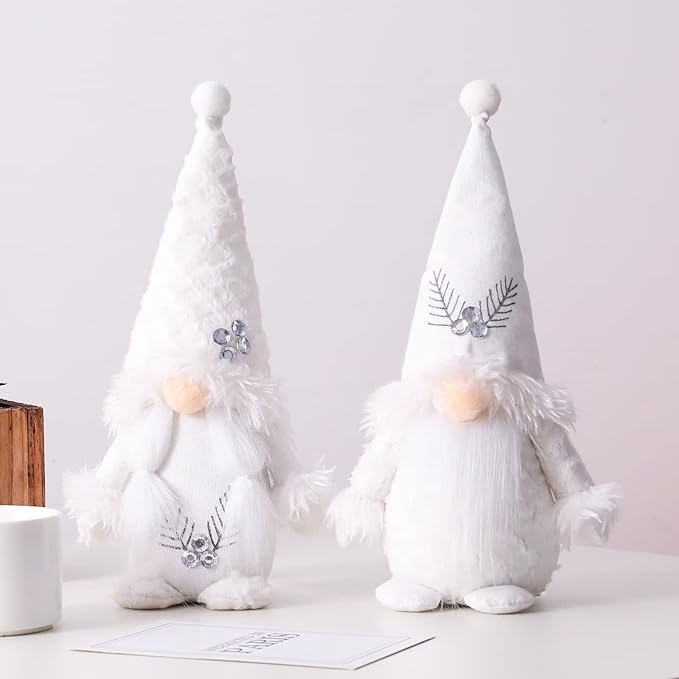 2 PC Christmas Gnomes Decoration Velvet Gnomes Swedish Tomte Handmade Scandinavian Figurine Nordic Plush Fall Winter Farmhouse Ornaments Home Decor Gift, White Silver Sequins, 10.6 Inch