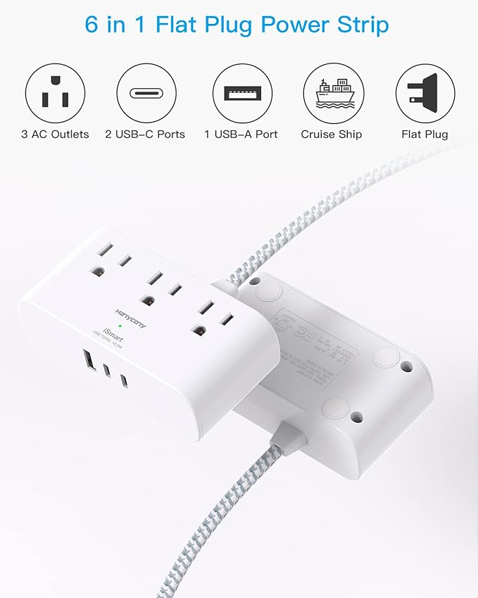 Flat Plug Power Strip 6 Ft, HANYCONY Ultra Thin Flat Extension Cord, 3 Outlets 3 USB Ports(2 USB C) Multi Plug Outlet Extender with No Surge Protector for Cruise Ship, Travel, Dorm Room Essentials