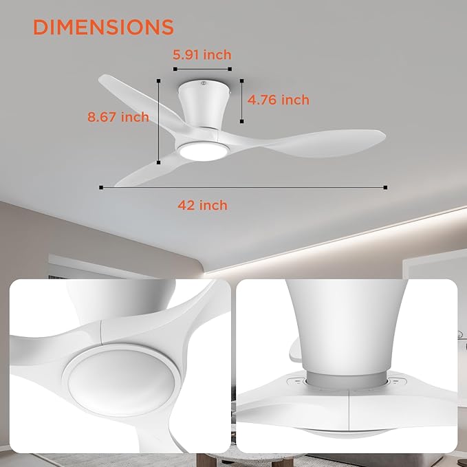 TALOYA Ceiling Fans with Lights,42 inch Modern Low Profile Ceiling Fan with Light and Remote Control, Flush Mount, 3CCT, White Ceiling Fan for Bedroom Living Room and Patio