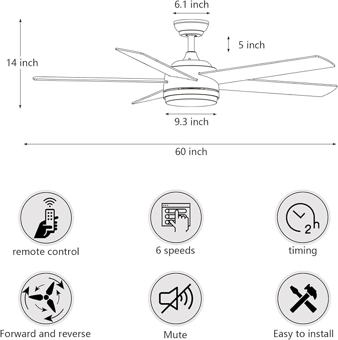 YUHAO 60 Inch White Ceiling Fan with Light and Remote Control.Noiseless,Dimmable,3CCT,6 Speeds Reversible, DC Ceiling Fans for Indoor or Covered Outdoor