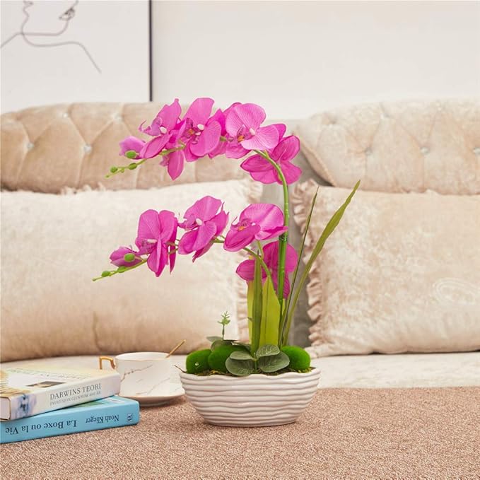 Large Artificial Potted Orchid Plant, Silk Flower Arrangement with Ceramics Vase, Purple Red