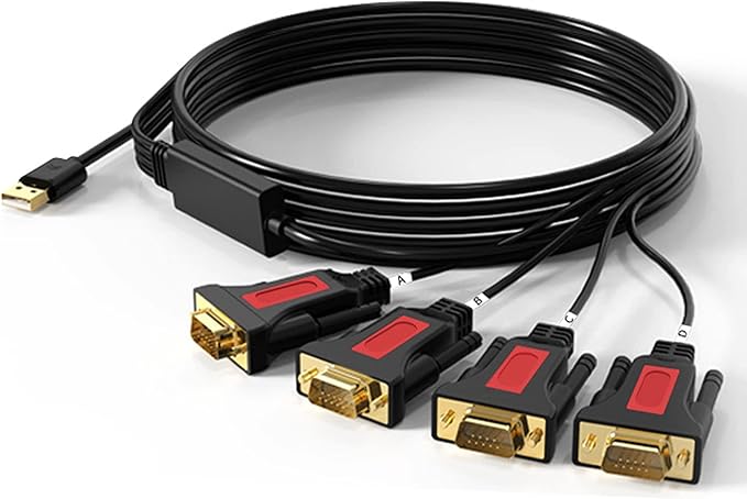 4 Port USB to RS232 DB9 Serial (9-Pin) Adapter Cable 5ft Compatible with MAC OS, Windows, Android, Linux (4 Port)