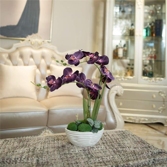 Large Artificial Potted Orchid Plant, Silk Flower Arrangement with Ceramics Vase, Dark Purple