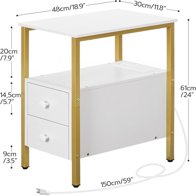 HOOBRO End Table with Charging Station, Narrow Side Table with 2 Drawer & USB Port & Power Outlets, Nightstand for Small Spaces, Stable and Sturdy, for Living Room, Bedroom, Gold and White DW541BZ01
