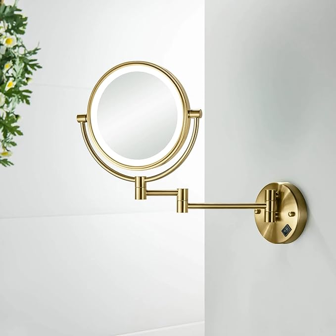 KIBI Circular Wall Mount Makeup Mirror with LED Lights, Dual-Sided 1x/5x Magnifying Mirror with Adjustable Arm, 360° Swivel, Solid Brass Construction for Durability and Style (Brushed Brass, KMM101)