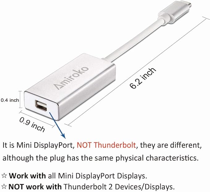 USB-C to Mini DisplayPort Adapter, USB 3.1 Type C to Mini DP Adapter Support 4K, 1080P Compatible with MacBook Pro, MacBook 12", Alienware, to LED Cinema Display/Dell Monitor etc, Silver